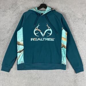 Realtree Hoodie Sweatshirt Mens Large Teal Camo Logo Pullover Raglan Hunting